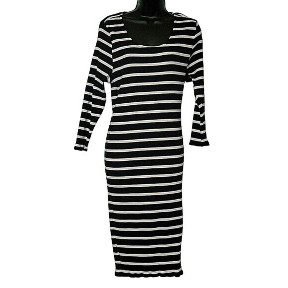Striped Midi Dress Bodycon Casual Long Sleeve‎ Black White - Size Unknown